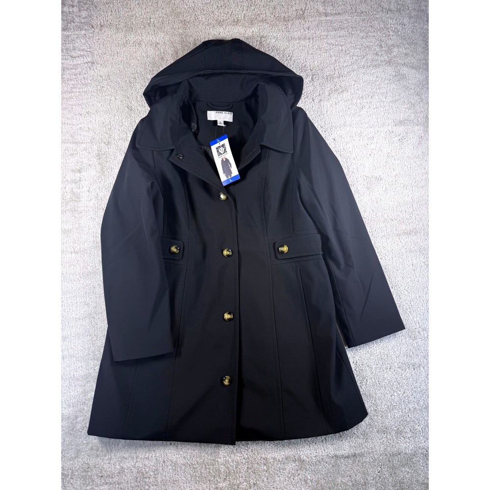 Anne Klein Womens Black Hooded Softshell Coat Jacket Button Front Size L NEW